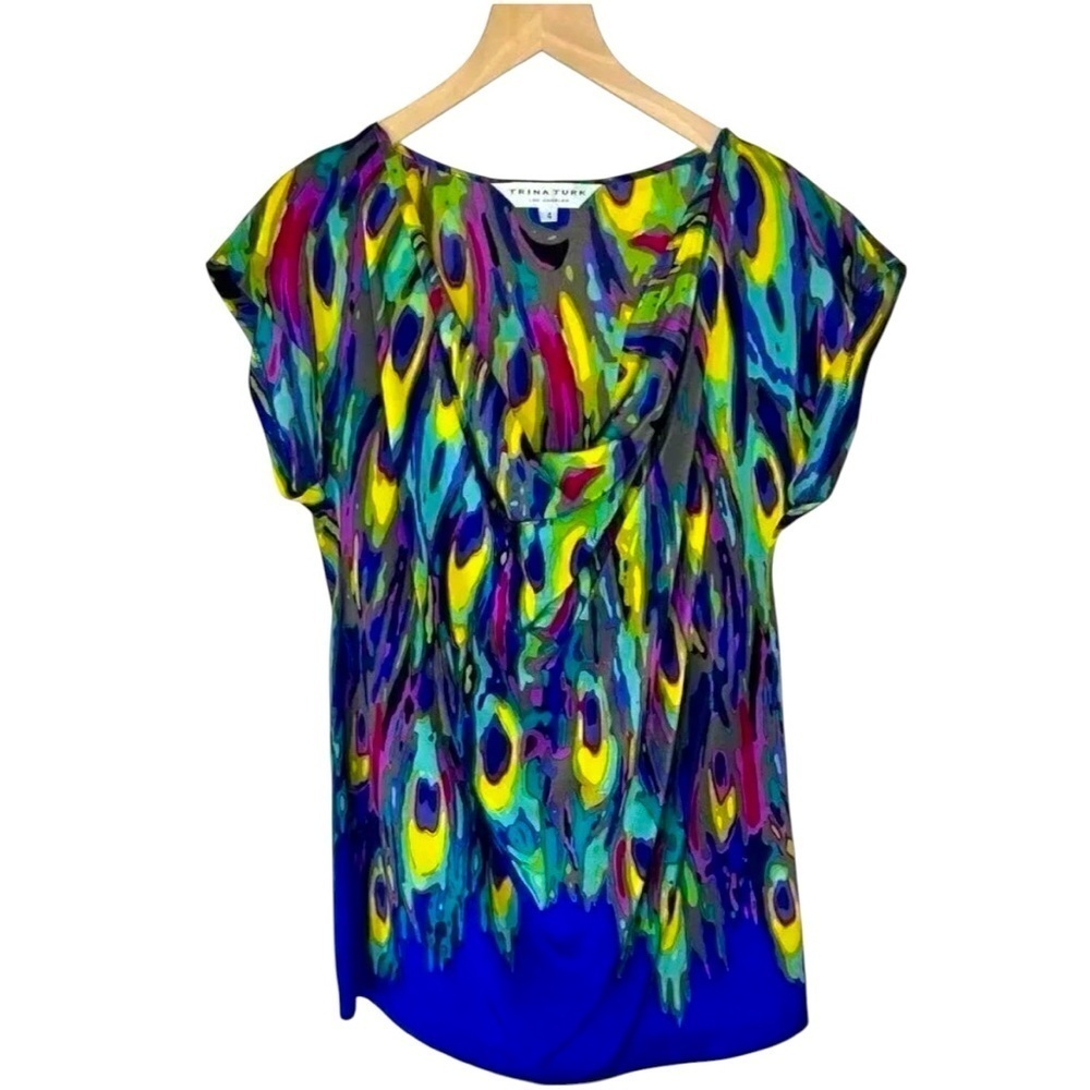 Trina Turk Size 4 Silk Cowl Neck Sleeveless Top Blue Purple Casual Office Brunch